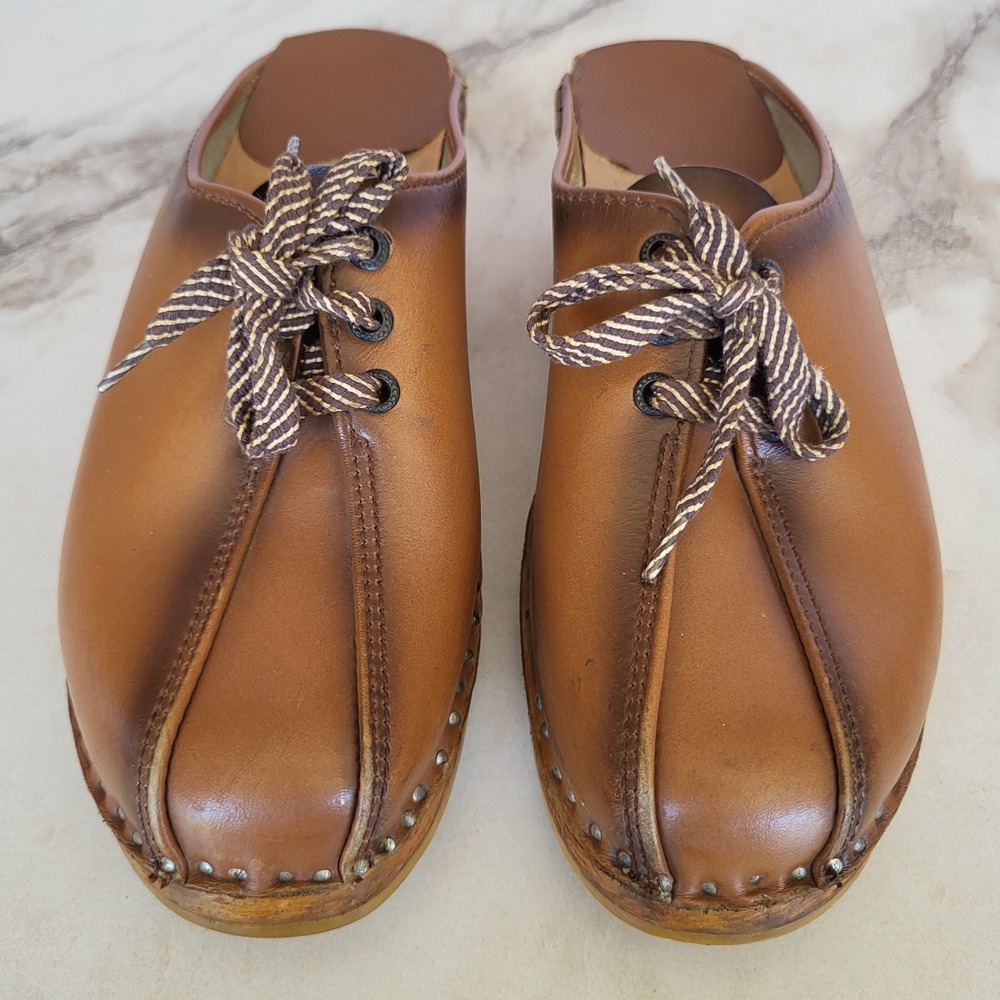 Bastad Toffeln Vintage Swedish Wooden Clogs Lace Up Brown Leather Size 36 / 6